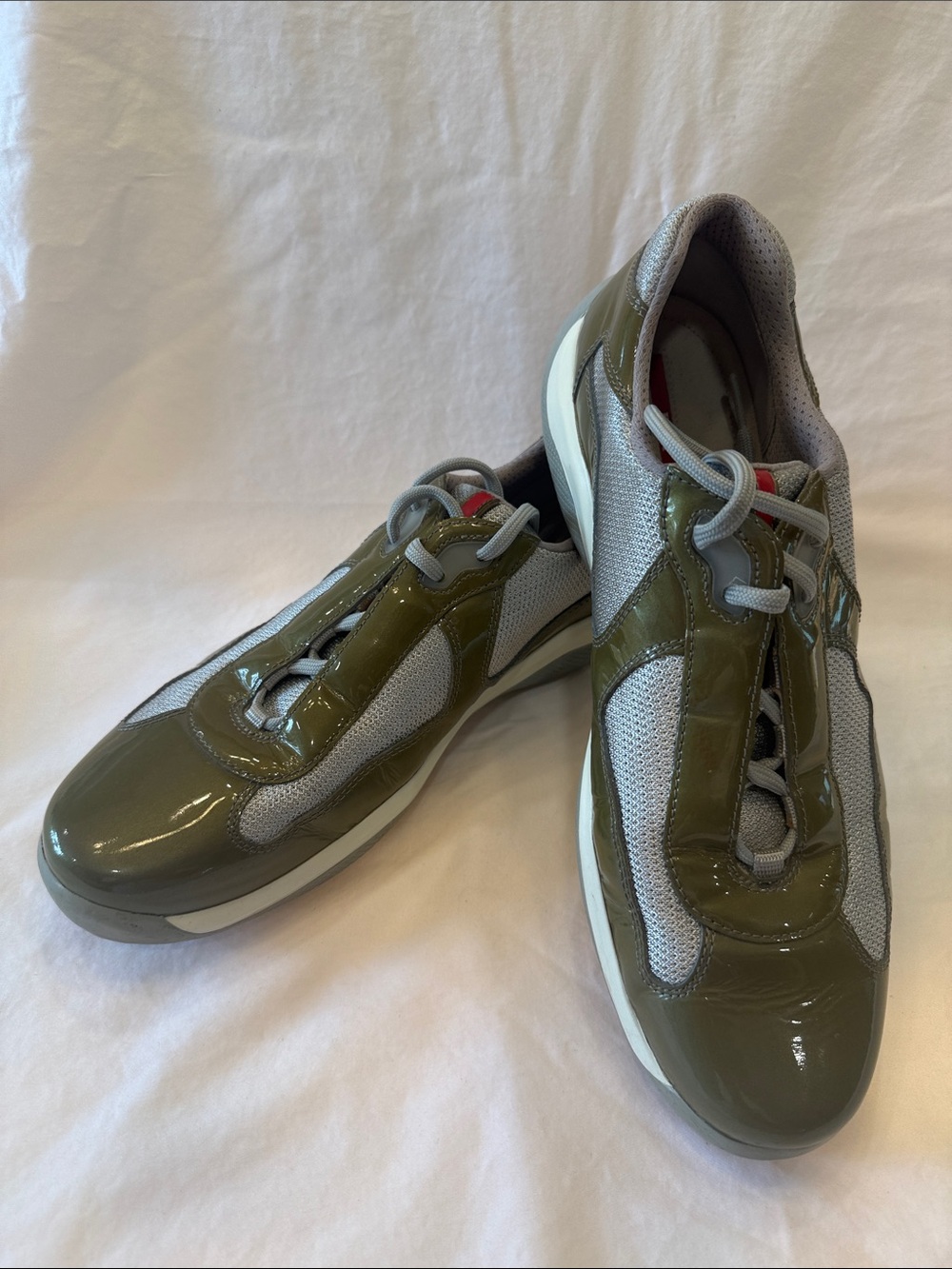 Prada Olive Patent & Light Gray Mesh America’s Cup Trainers with Red Logo - Picture 3 of 6